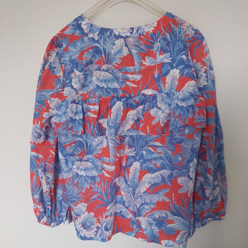 J. Crew Women's Sz S Long Sleeve Ruffle Top Ratti Rio Palm Floral Blue/Orange, - Picture 3 of 5